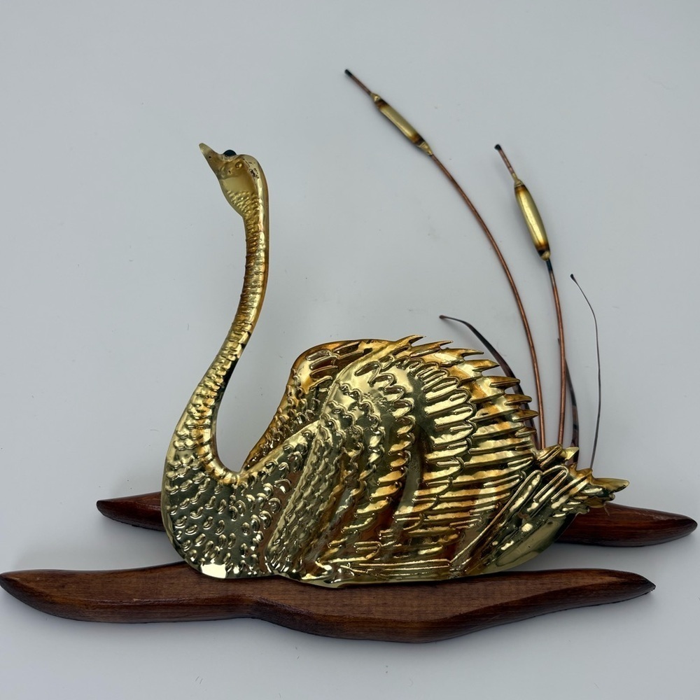 Mid-century Modern Brass and Copper Swan and Cattails Wall Art